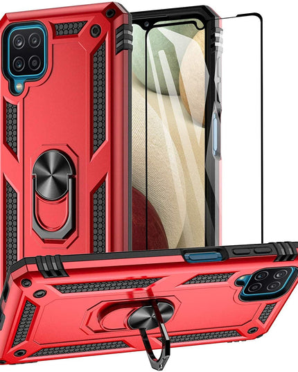 Samsung A12 Luxury Armor Ring Bracket Phone Case With 1-Pack Tempered Glass Screen Protector - Libiyi
