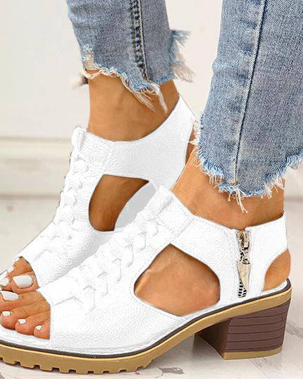 Libiyi Peep Toe Cutout Zipper Chunky Heeled Sandals - Libiyi